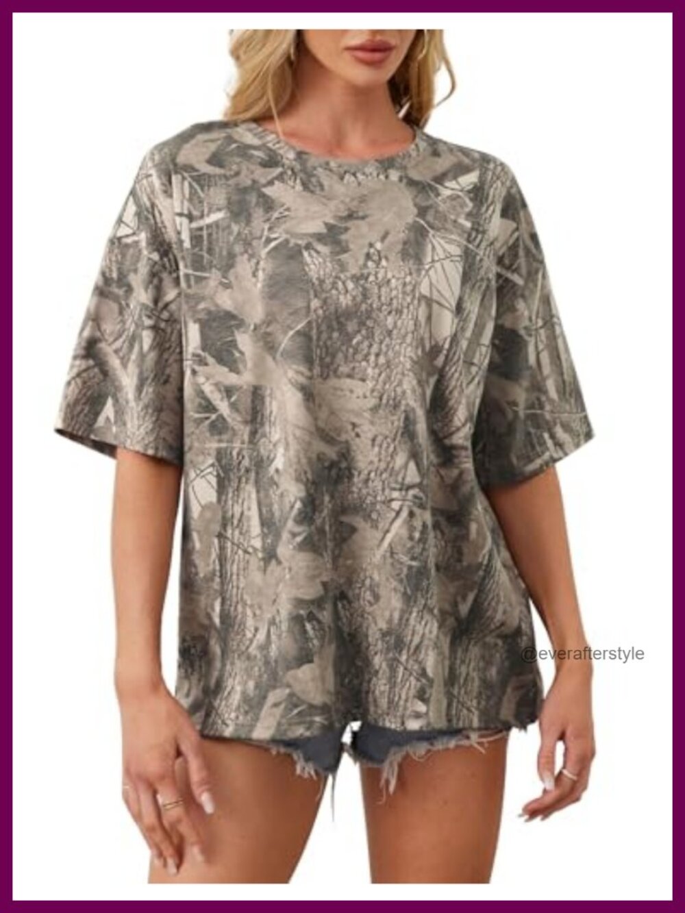 Women's Oversized Camo T-Shirt with Maple Leaf Print, Short Sleeve Loose Fit
